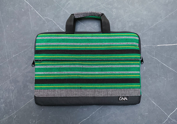A green and black striped laptop bag. The name of the laptop bag is Cebu.