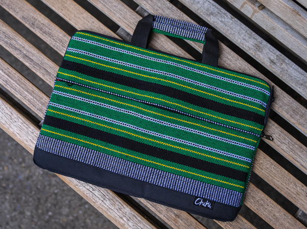 A green and black striped laptop bag. The name of the laptop bag is Cebu.