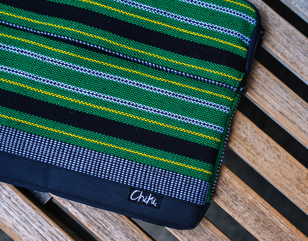 A green and black striped laptop bag. The name of the laptop bag is Cebu.