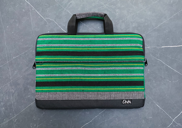 A green and black striped laptop bag. The name of the laptop bag is Cebu. 