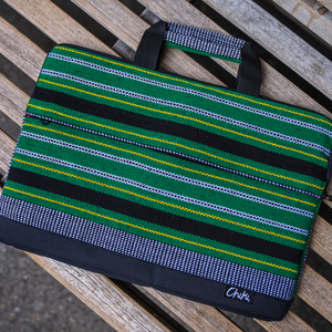 A green and black striped laptop bag. The name of the laptop bag is Cebu. 